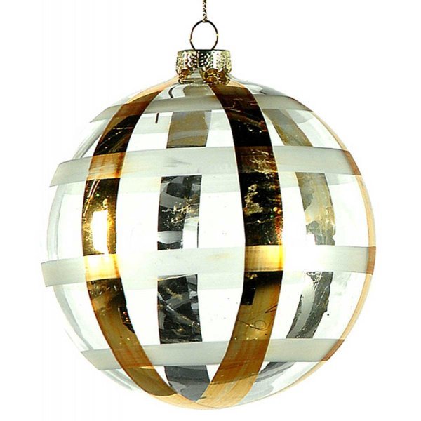 Χριστουγεννιάτικη Γυάλινη Μπάλα Διάφανη, με Χρυσές και Λευκές Ρίγες (8cm)